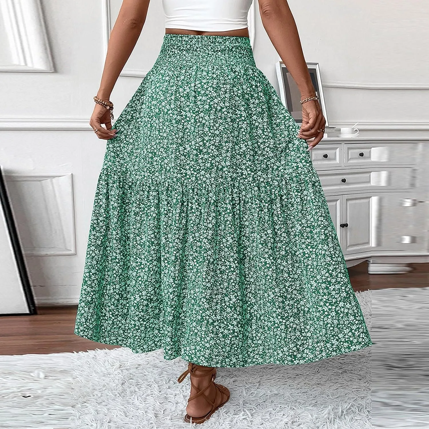 Floral Skirts for Women 2025 Spring Summer Trendy Elastic Waist Maxi Skirts Flowy Bohemian Ruffle Skirt with Pockets