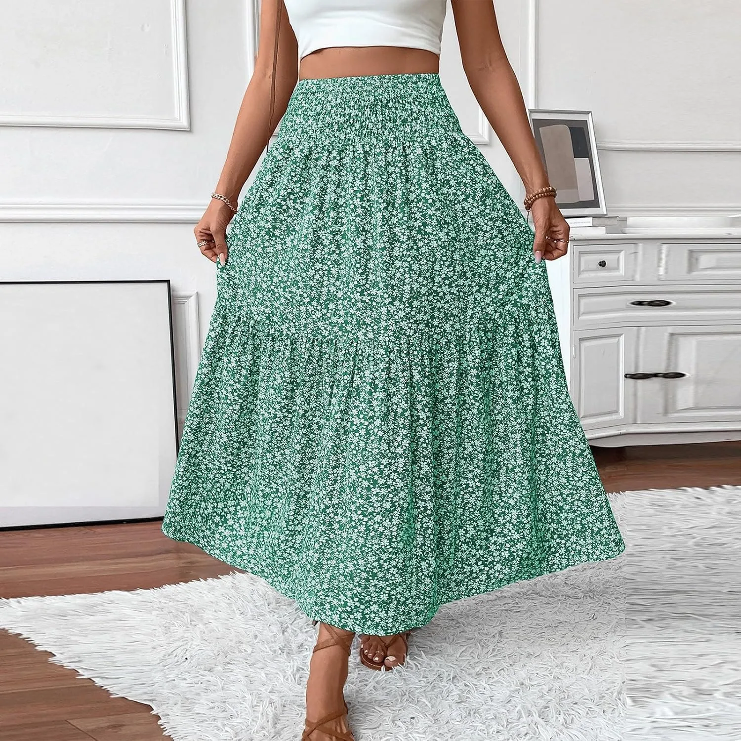 Floral Skirts for Women 2025 Spring Summer Trendy Elastic Waist Maxi Skirts Flowy Bohemian Ruffle Skirt with Pockets