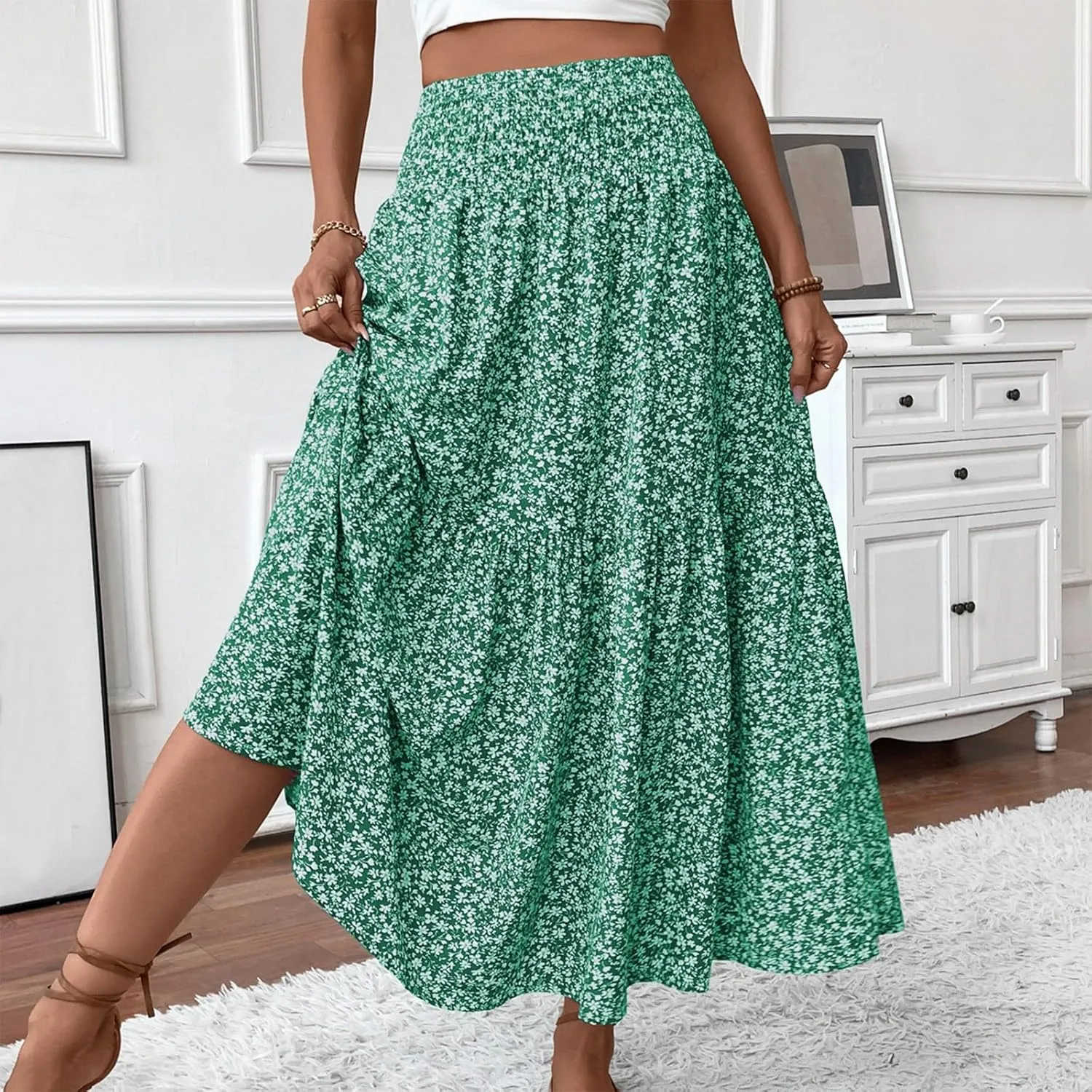 Floral Skirts for Women 2025 Spring Summer Trendy Elastic Waist Maxi Skirts Flowy Bohemian Ruffle Skirt with Pockets