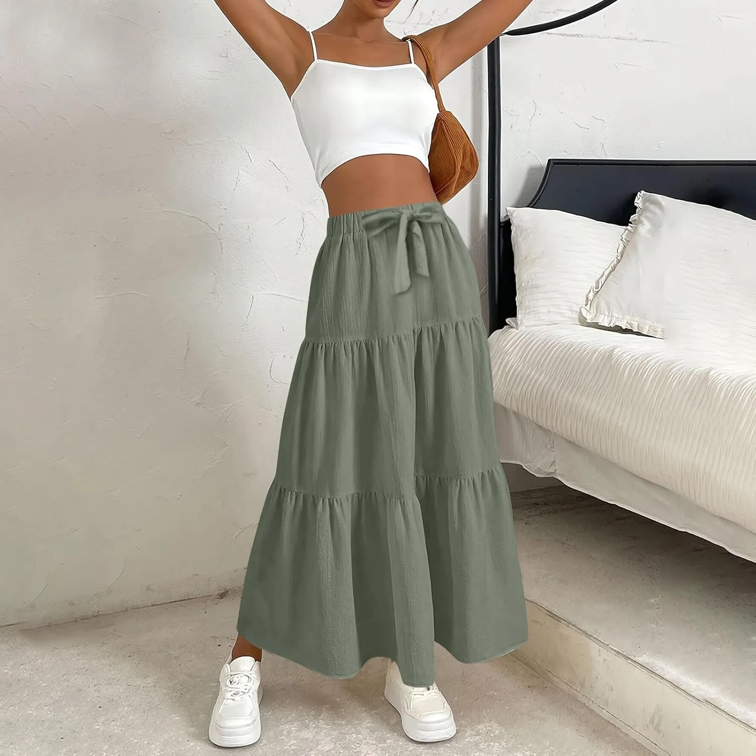 Flowy Maxi Skirts for Women Summer Layered Tiered High Waisted Skirt Ruffle A-Line Skirts Casual Long Flowy Skirts