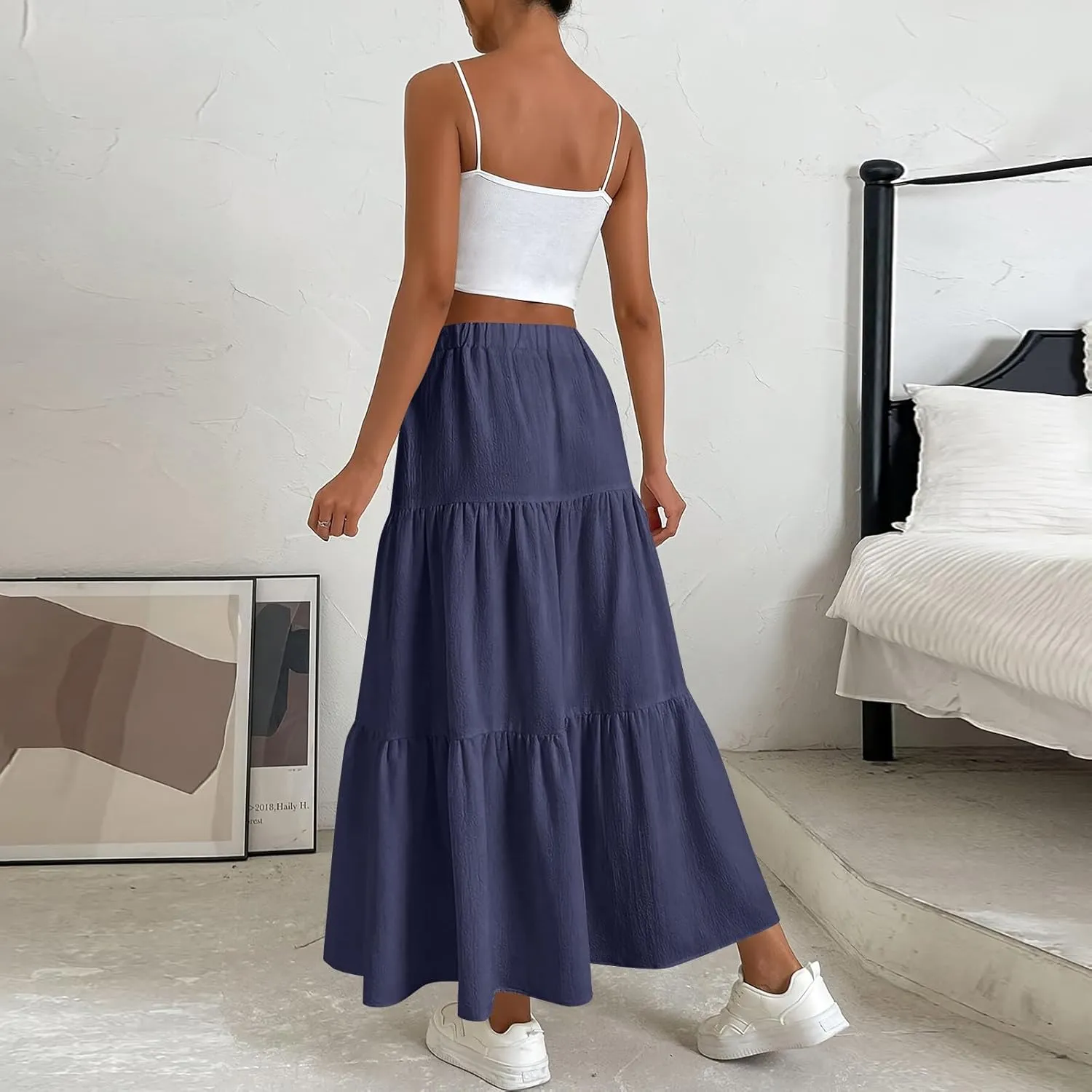 Flowy Maxi Skirts for Women Summer Layered Tiered High Waisted Skirt Ruffle A-Line Skirts Casual Long Flowy Skirts