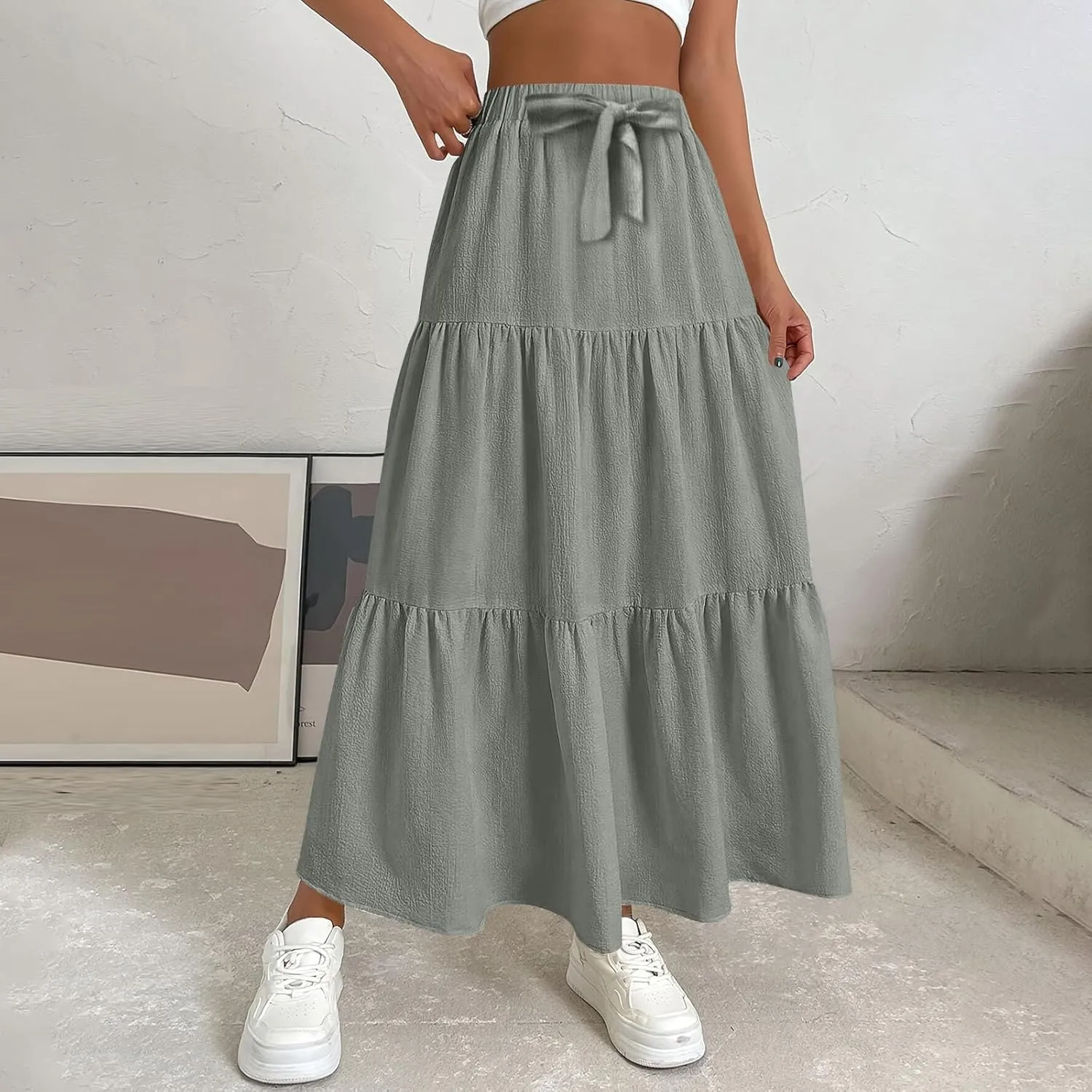 Flowy Maxi Skirts for Women Summer Layered Tiered High Waisted Skirt Ruffle A-Line Skirts Casual Long Flowy Skirts