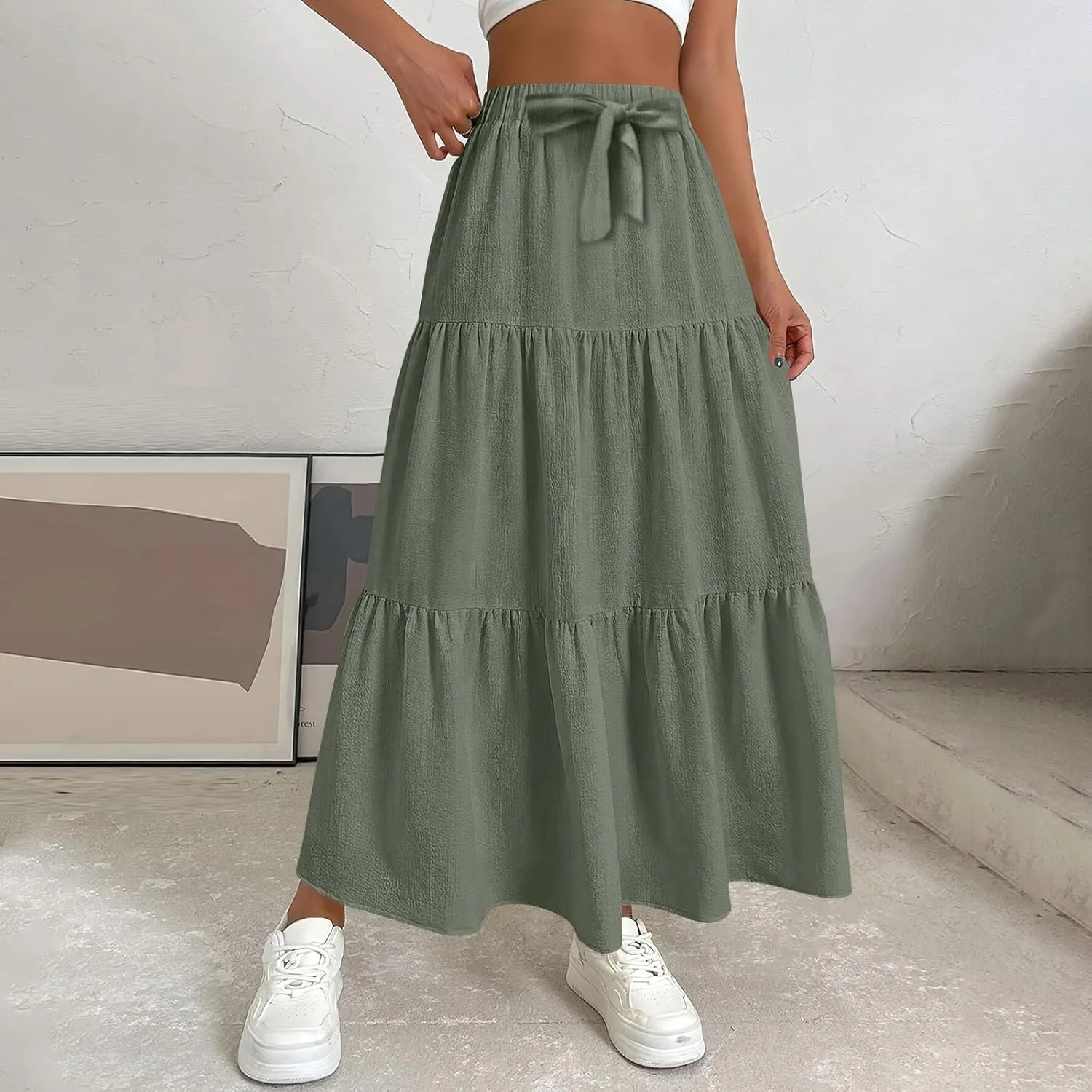 Flowy Maxi Skirts for Women Summer Layered Tiered High Waisted Skirt Ruffle A-Line Skirts Casual Long Flowy Skirts