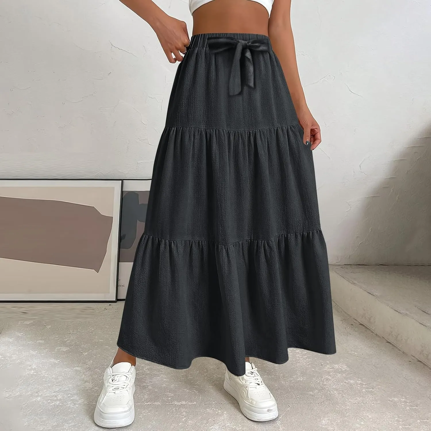 Flowy Maxi Skirts for Women Summer Layered Tiered High Waisted Skirt Ruffle A-Line Skirts Casual Long Flowy Skirts