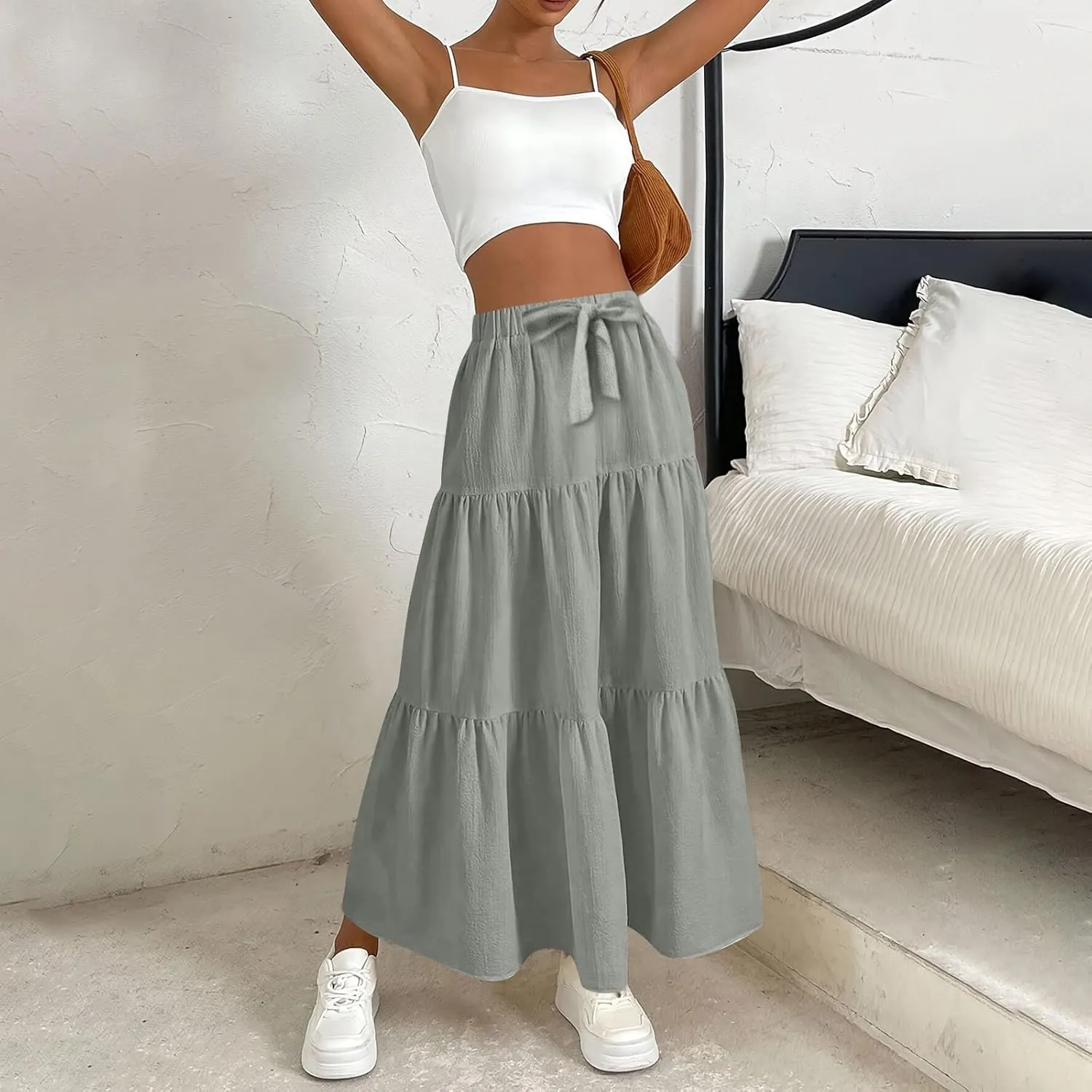 Flowy Maxi Skirts for Women Summer Layered Tiered High Waisted Skirt Ruffle A-Line Skirts Casual Long Flowy Skirts