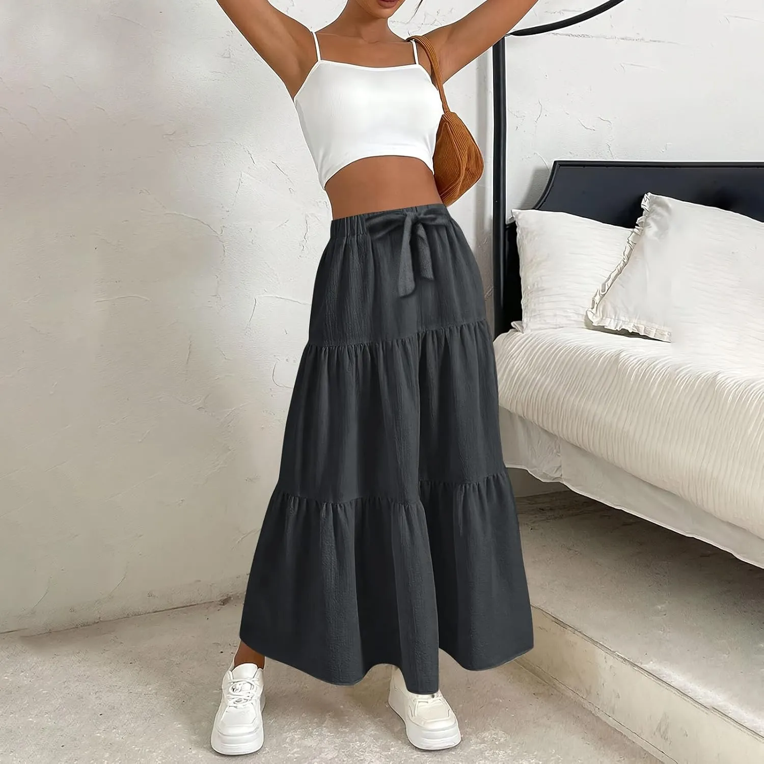 Flowy Maxi Skirts for Women Summer Layered Tiered High Waisted Skirt Ruffle A-Line Skirts Casual Long Flowy Skirts