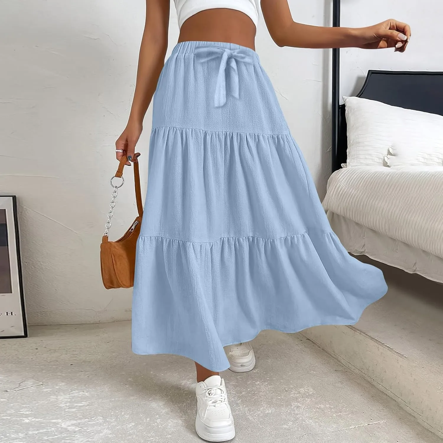 Flowy Maxi Skirts for Women Summer Layered Tiered High Waisted Skirt Ruffle A-Line Skirts Casual Long Flowy Skirts