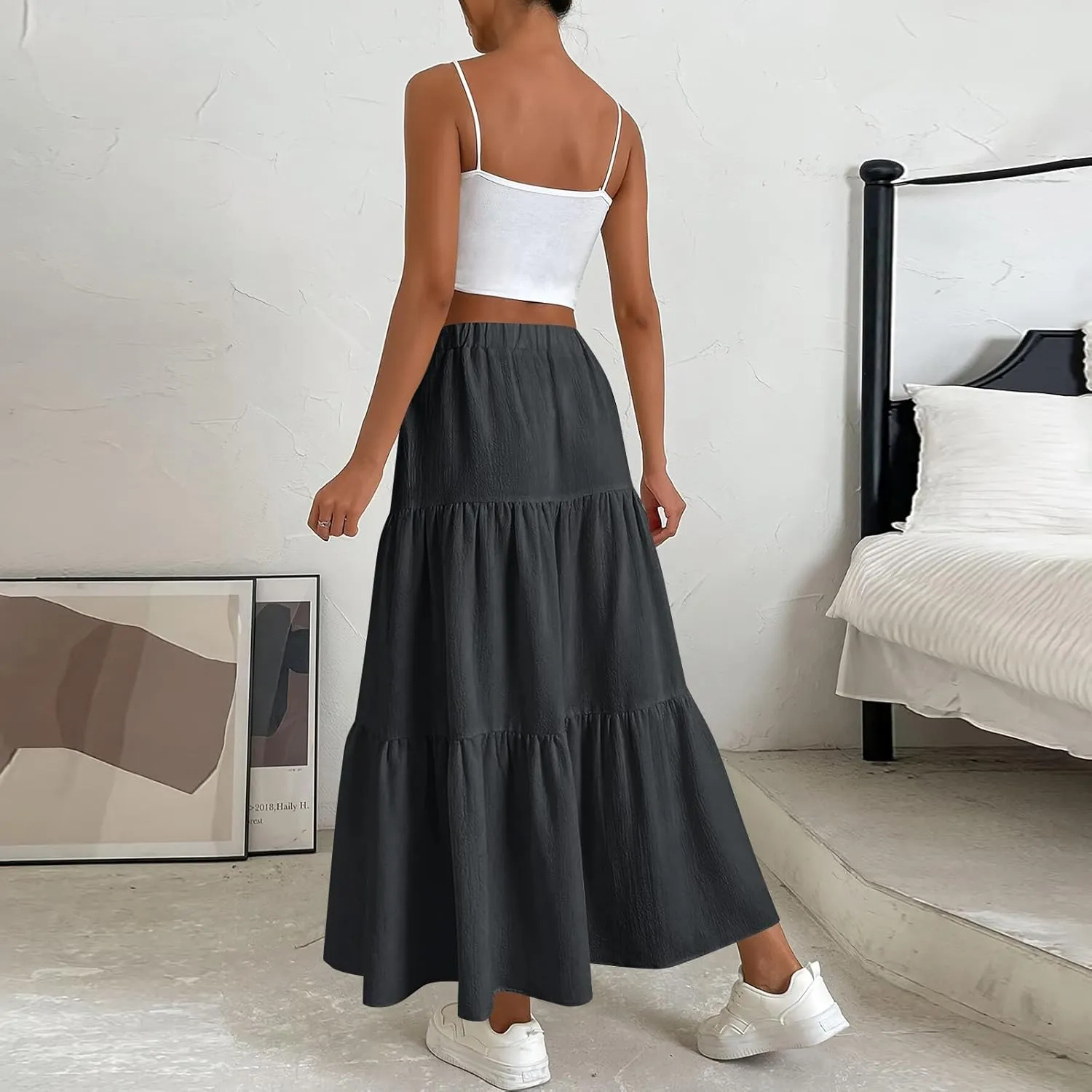 Flowy Maxi Skirts for Women Summer Layered Tiered High Waisted Skirt Ruffle A-Line Skirts Casual Long Flowy Skirts