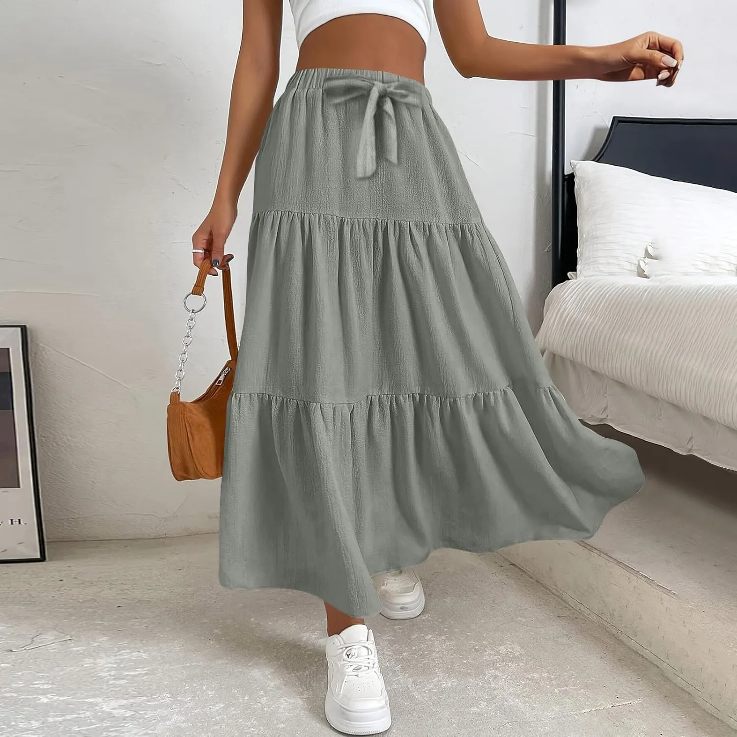 Flowy Maxi Skirts for Women Summer Layered Tiered High Waisted Skirt Ruffle A-Line Skirts Casual Long Flowy Skirts