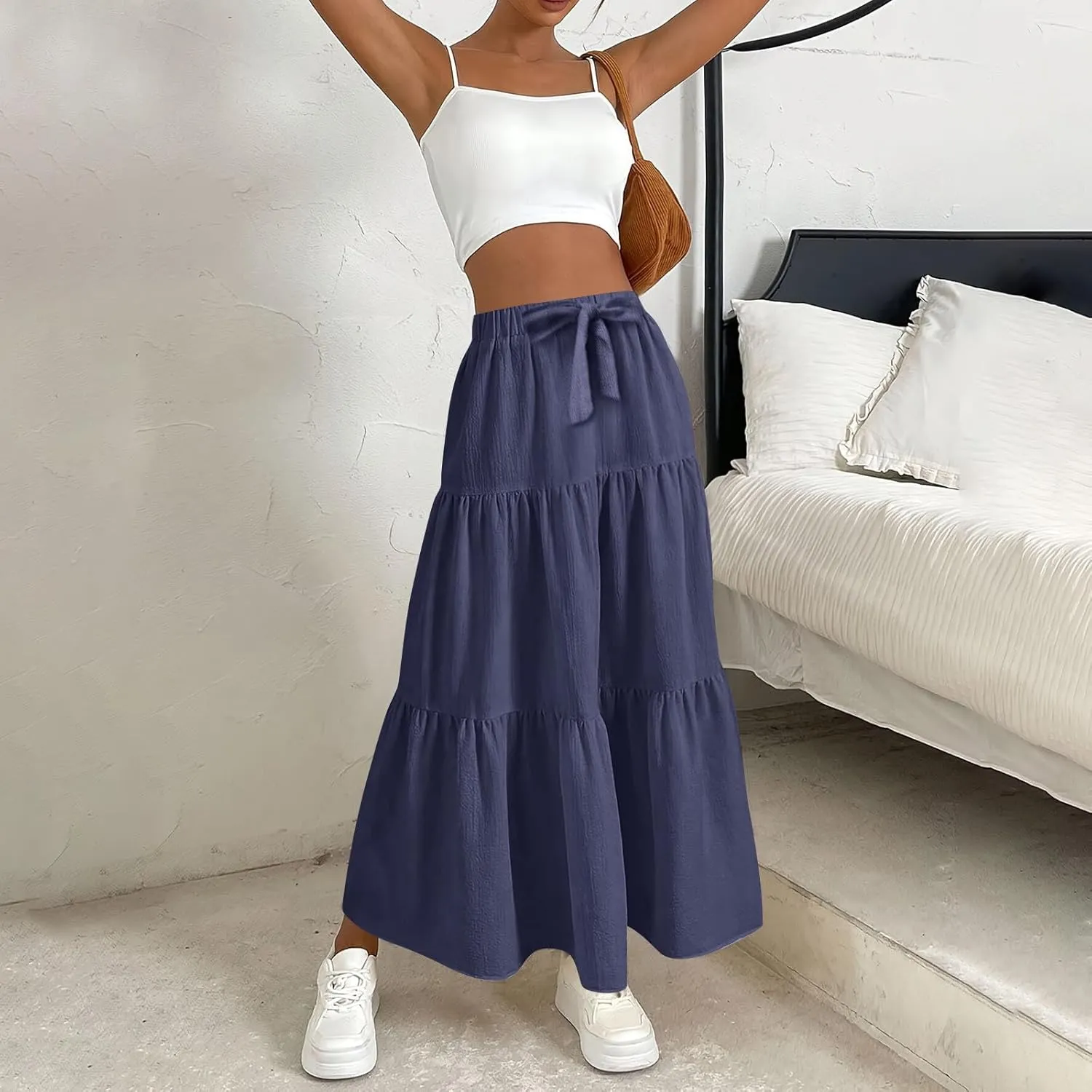 Flowy Maxi Skirts for Women Summer Layered Tiered High Waisted Skirt Ruffle A-Line Skirts Casual Long Flowy Skirts