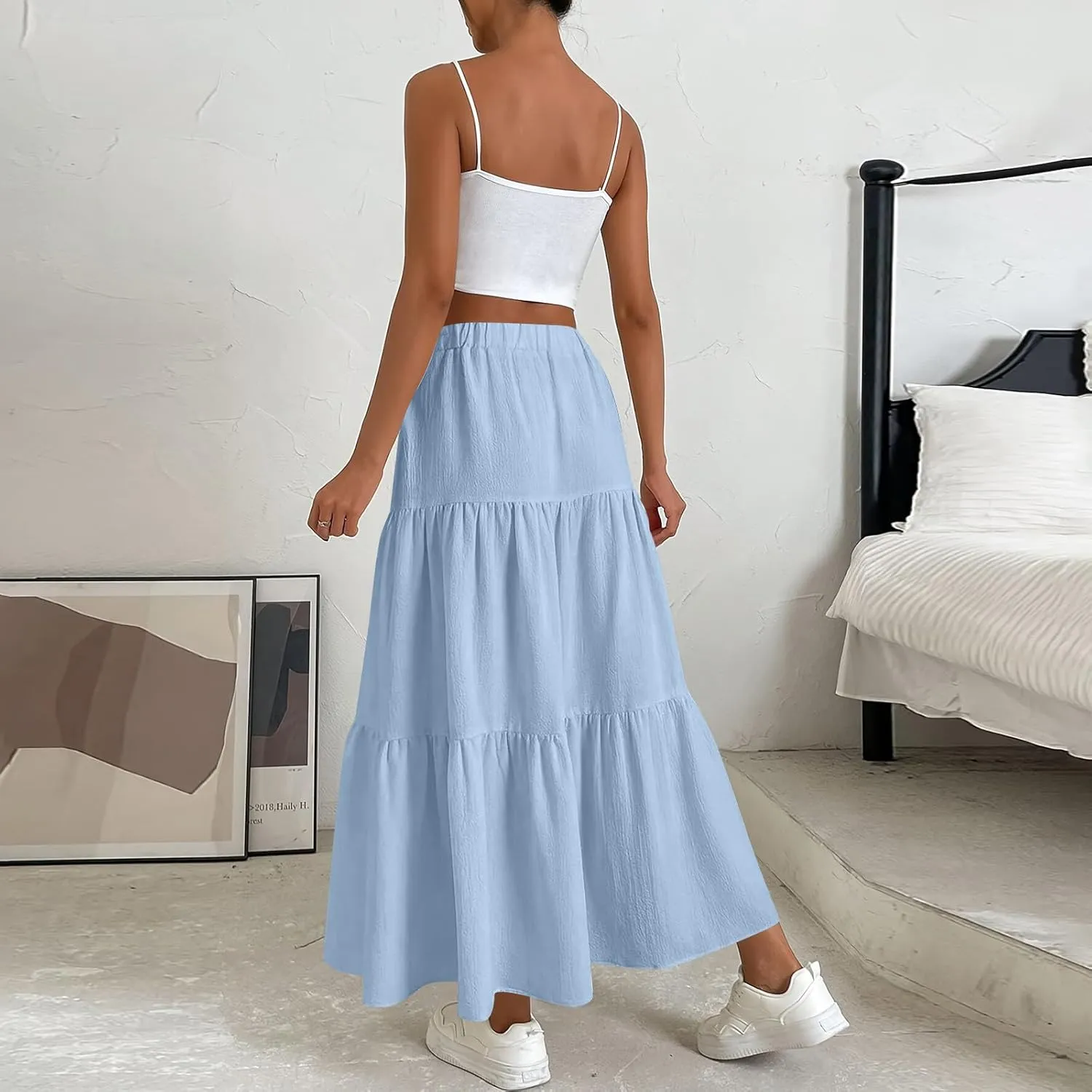 Flowy Maxi Skirts for Women Summer Layered Tiered High Waisted Skirt Ruffle A-Line Skirts Casual Long Flowy Skirts
