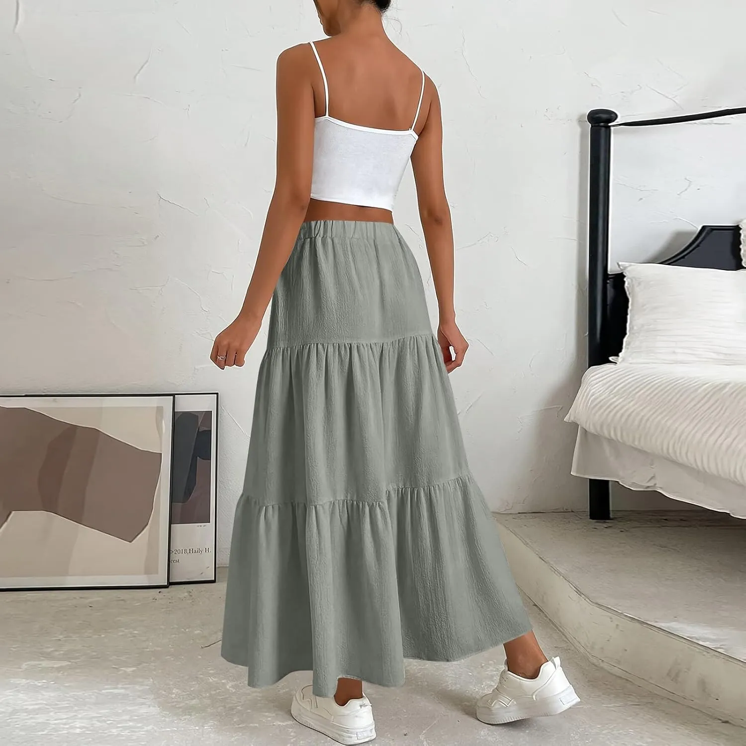 Flowy Maxi Skirts for Women Summer Layered Tiered High Waisted Skirt Ruffle A-Line Skirts Casual Long Flowy Skirts