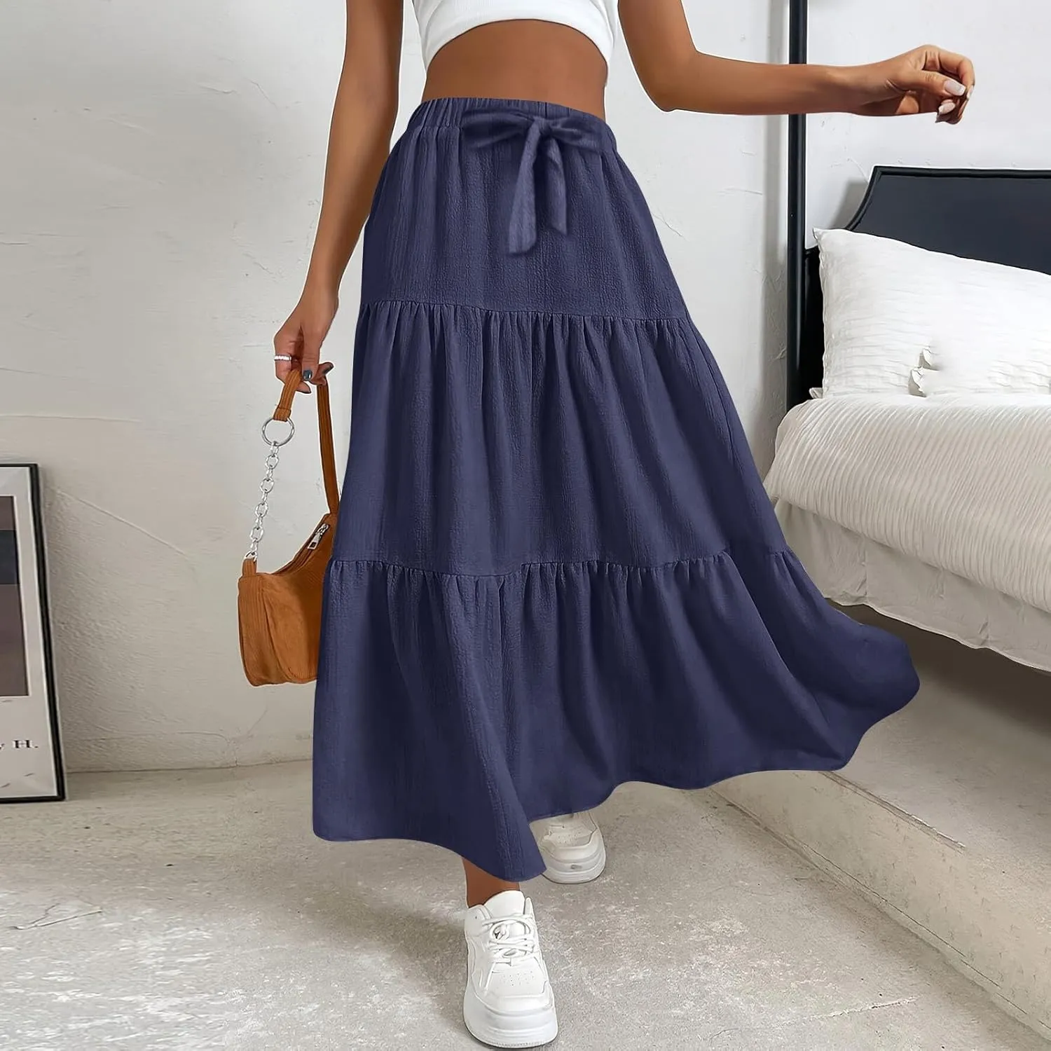Flowy Maxi Skirts for Women Summer Layered Tiered High Waisted Skirt Ruffle A-Line Skirts Casual Long Flowy Skirts