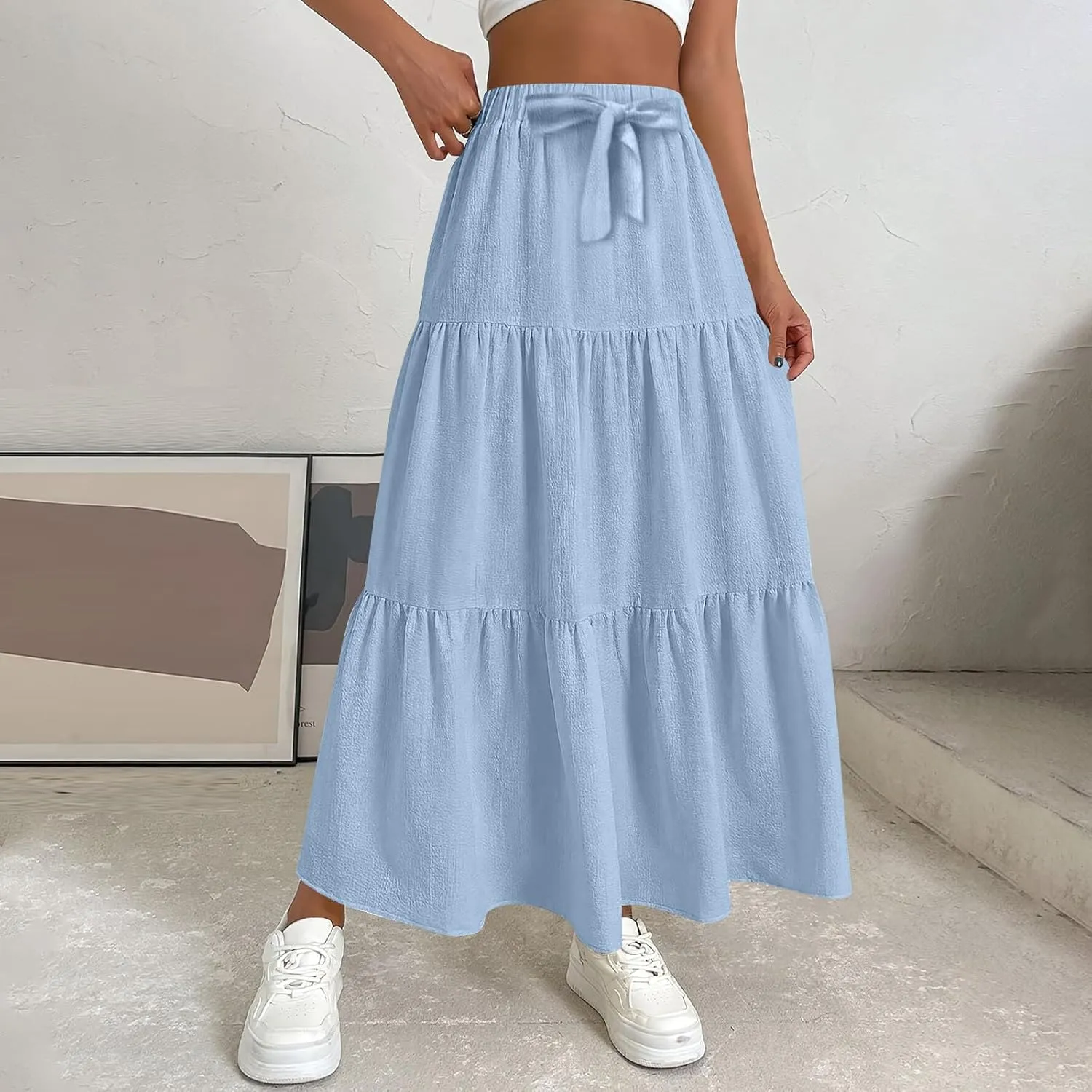 Flowy Maxi Skirts for Women Summer Layered Tiered High Waisted Skirt Ruffle A-Line Skirts Casual Long Flowy Skirts