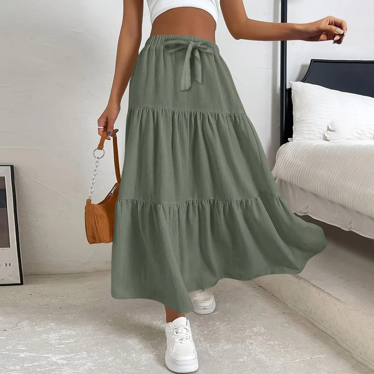 Flowy Maxi Skirts for Women Summer Layered Tiered High Waisted Skirt Ruffle A-Line Skirts Casual Long Flowy Skirts
