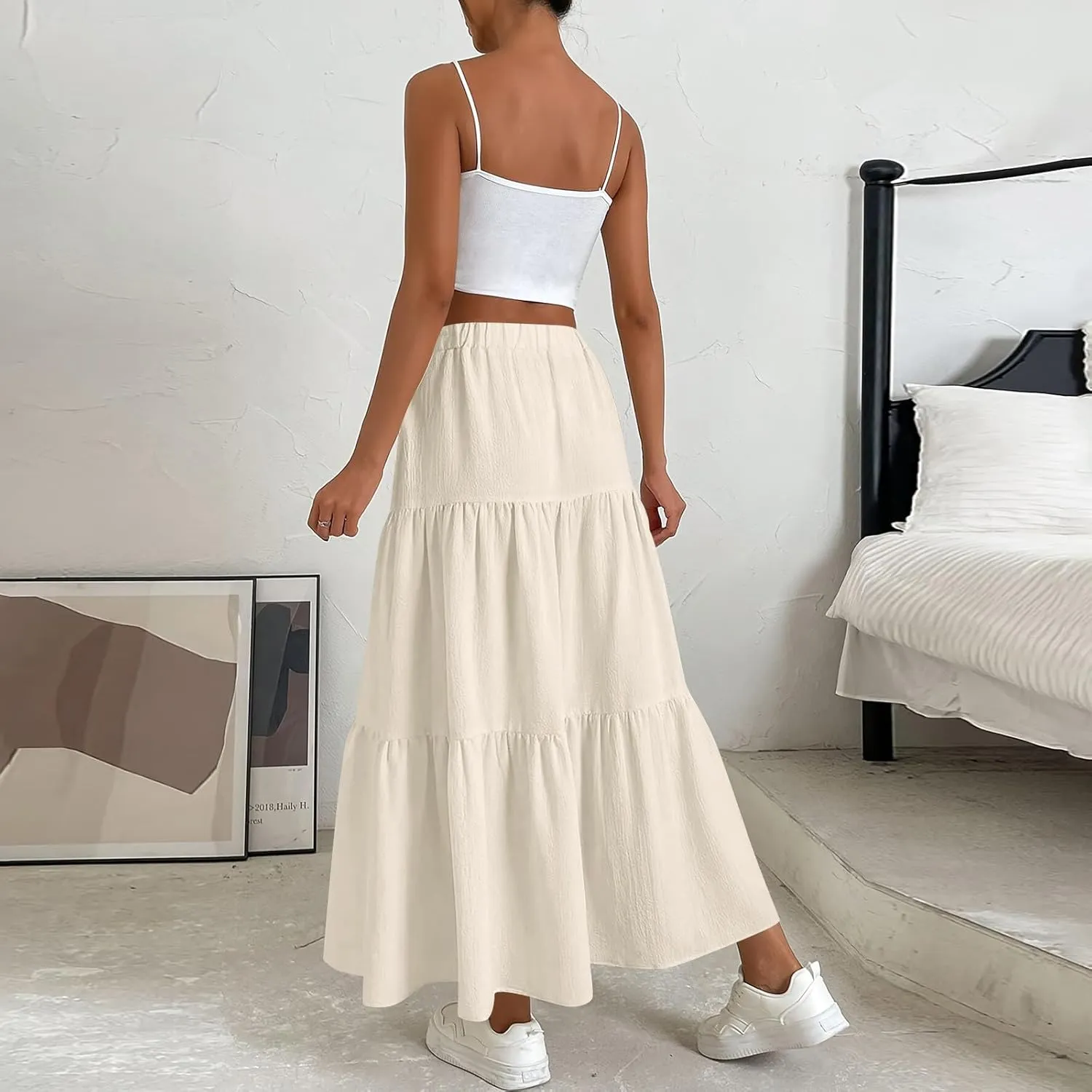 Flowy Maxi Skirts for Women Summer Layered Tiered High Waisted Skirt Ruffle A-Line Skirts Casual Long Flowy Skirts