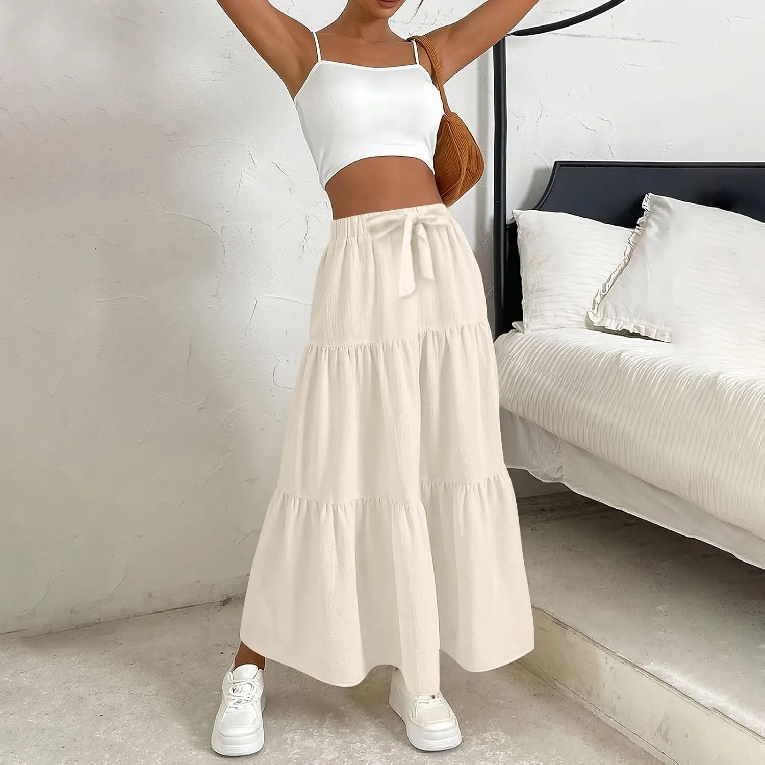 Flowy Maxi Skirts for Women Summer Layered Tiered High Waisted Skirt Ruffle A-Line Skirts Casual Long Flowy Skirts