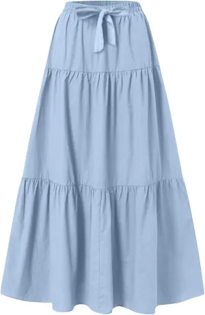 Flowy Maxi Skirts for Women Summer Layered Tiered High Waisted Skirt Ruffle A-Line Skirts Casual Long Flowy Skirts
