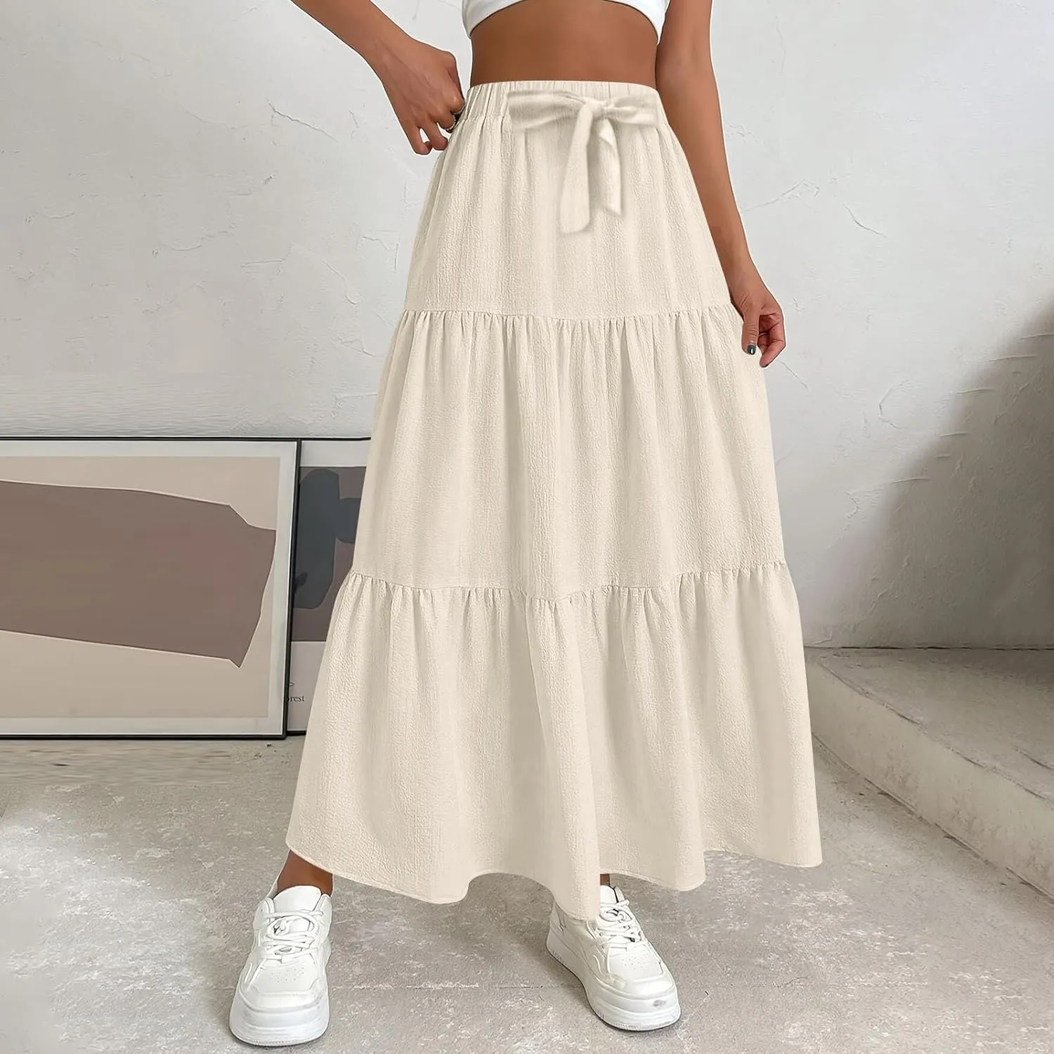 Flowy Maxi Skirts for Women Summer Layered Tiered High Waisted Skirt Ruffle A-Line Skirts Casual Long Flowy Skirts