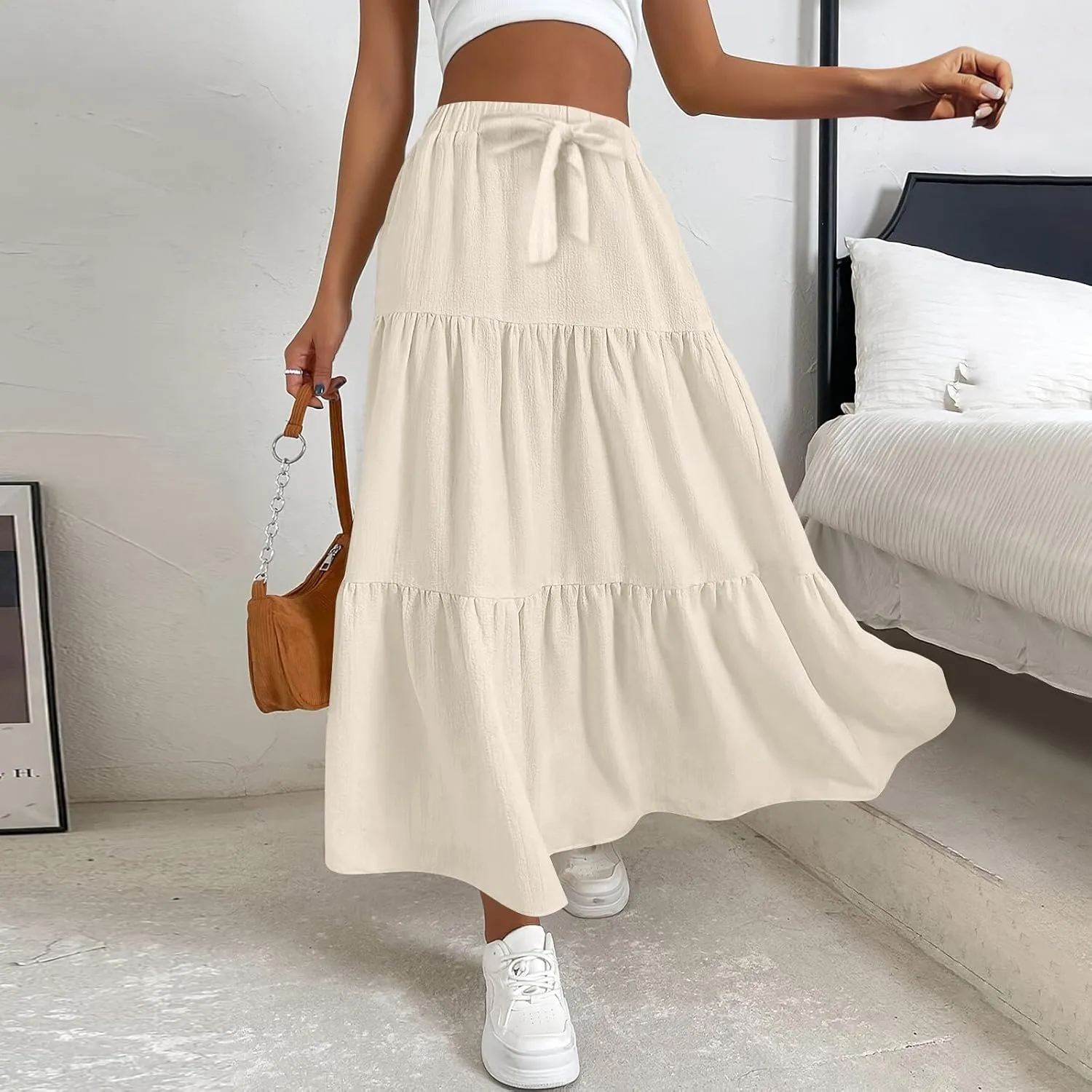Flowy Maxi Skirts for Women Summer Layered Tiered High Waisted Skirt Ruffle A-Line Skirts Casual Long Flowy Skirts