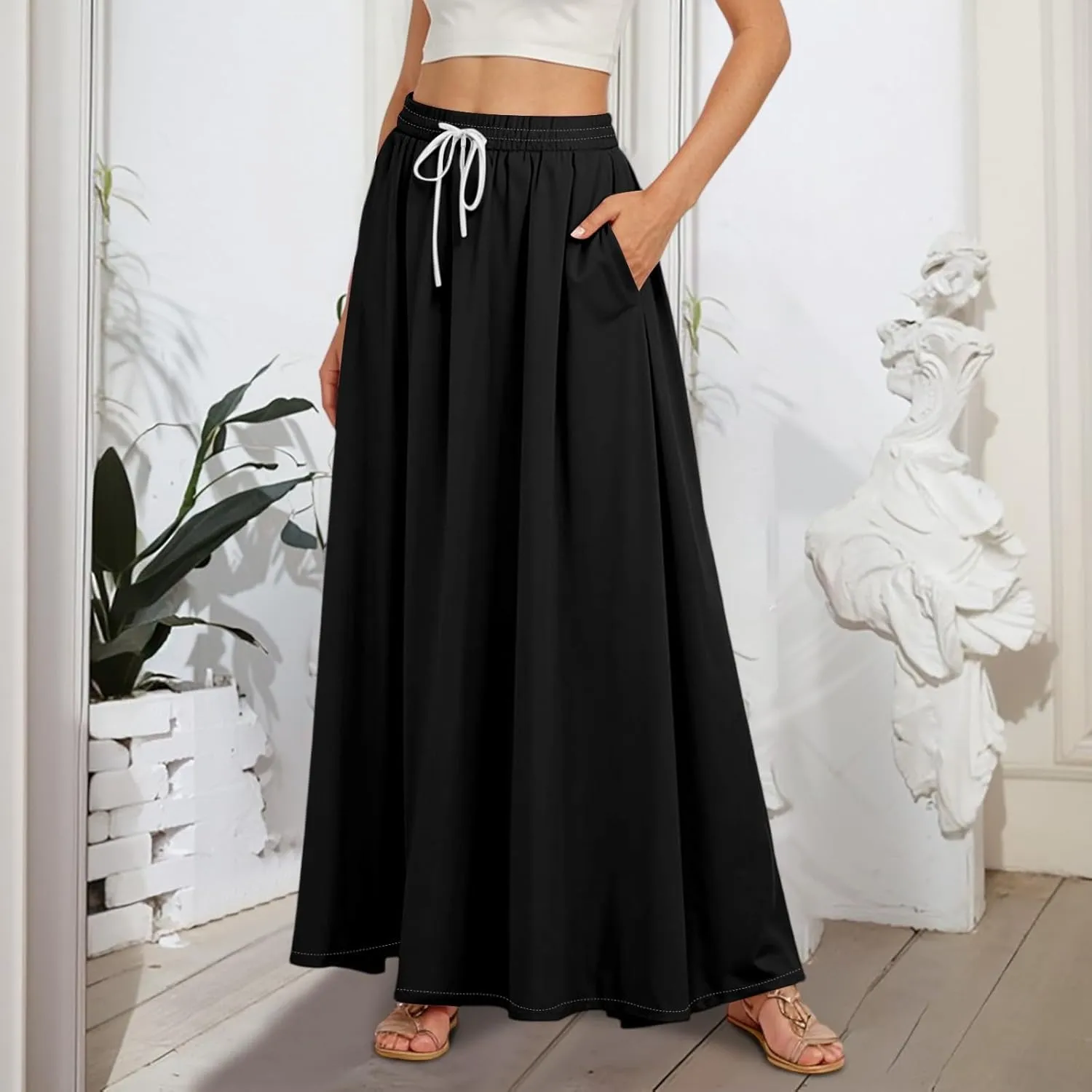 Flowy Maxi Skirts for Women Trendy Summer Casual Floral High Waisted Plus Size Long Boho Work Skirt with Pockets