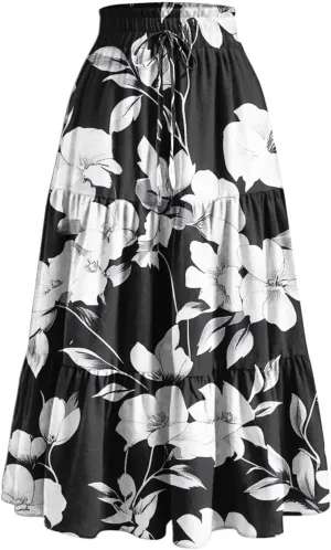 Flowy Skirts for Women Floral A Line Maxi Skirts High Waisted Elegant Tiered Summer Skirts Boho Long Beach Skirts