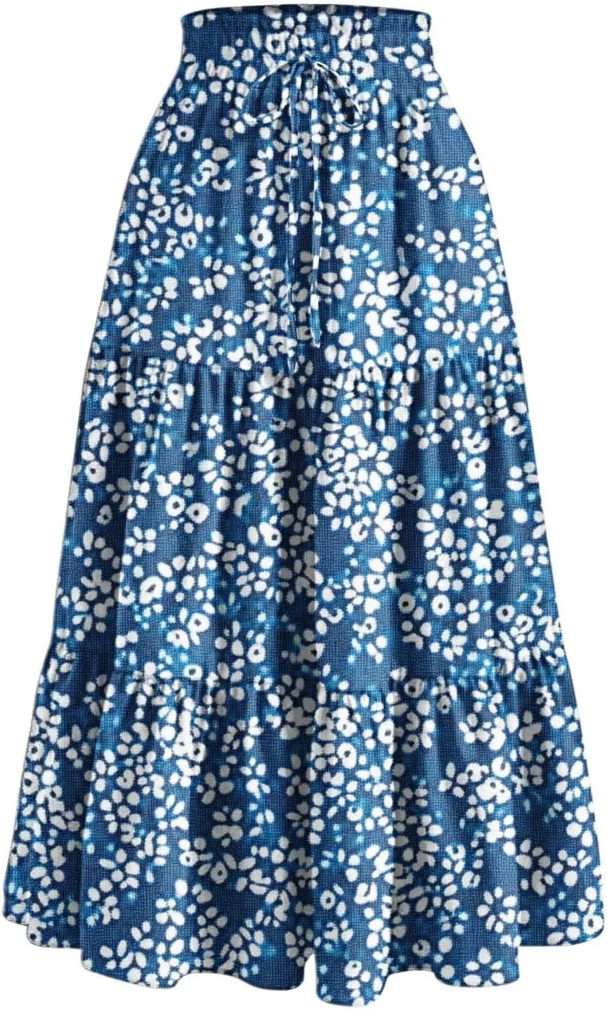 Flowy Skirts for Women Floral A Line Maxi Skirts High Waisted Elegant Tiered Summer Skirts Boho Long Beach Skirts