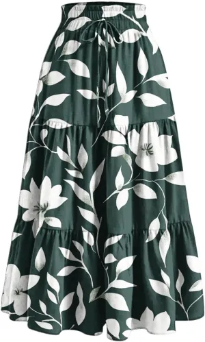Flowy Skirts for Women Floral A Line Maxi Skirts High Waisted Elegant Tiered Summer Skirts Boho Long Beach Skirts