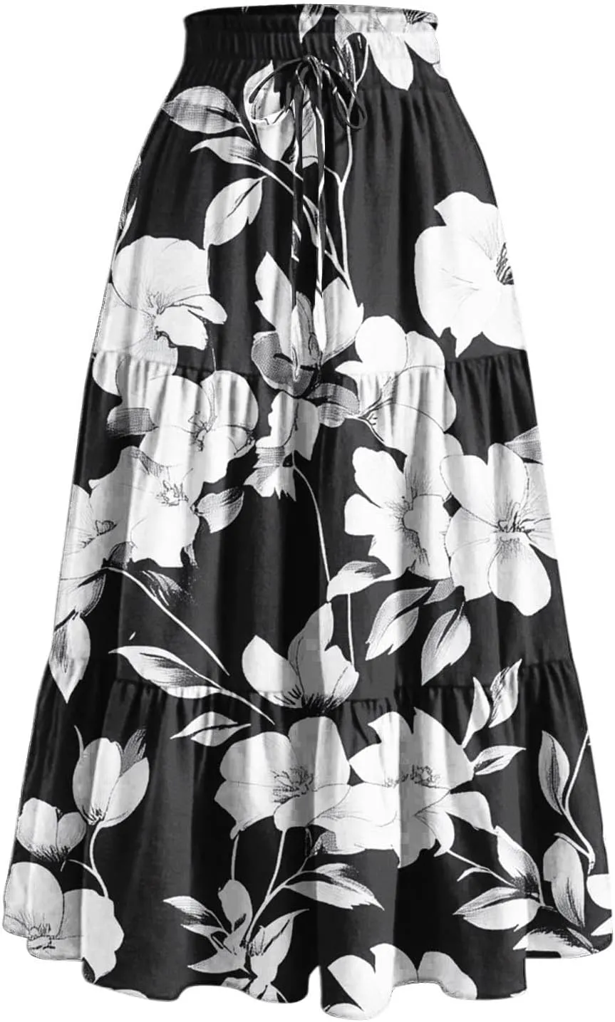 Flowy Skirts for Women Floral A Line Maxi Skirts High Waisted Elegant Tiered Summer Skirts Boho Long Beach Skirts
