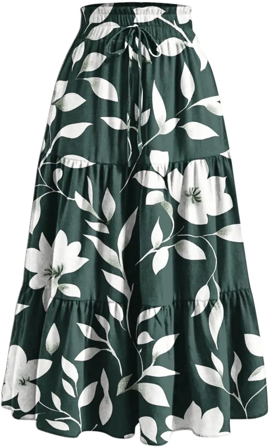 Flowy Skirts for Women Floral A Line Maxi Skirts High Waisted Elegant Tiered Summer Skirts Boho Long Beach Skirts