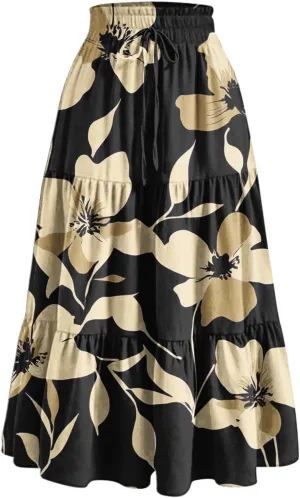 Flowy Skirts for Women Floral A Line Maxi Skirts High Waisted Elegant Tiered Summer Skirts Boho Long Beach Skirts