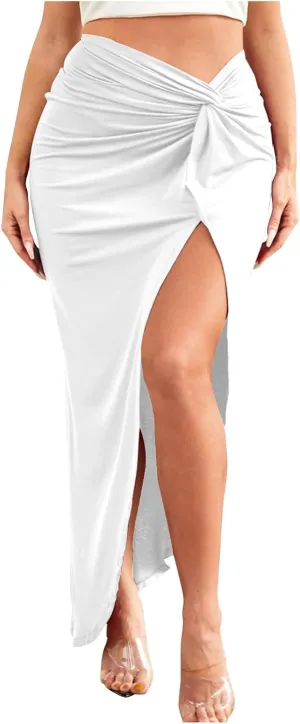 FZYLQY Women's Ruched Pencil Skirt High Waist Wrap Tie Front Asymmetrical Long Maxi Skirts Bodycon Slit Beach Sarong Skirt