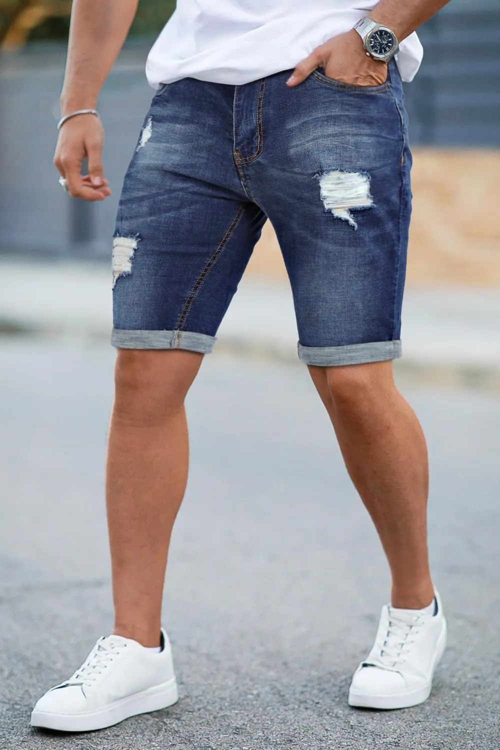 GINGTTO Mens Denim Shorts Ripped Skinny Stretch Jean Shorts Men