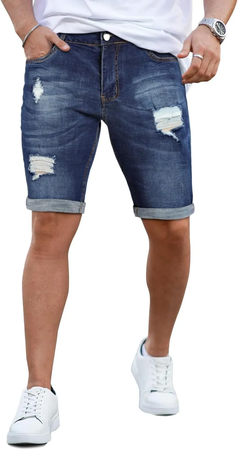 GINGTTO Mens Denim Shorts Ripped Skinny Stretch Jean Shorts Men