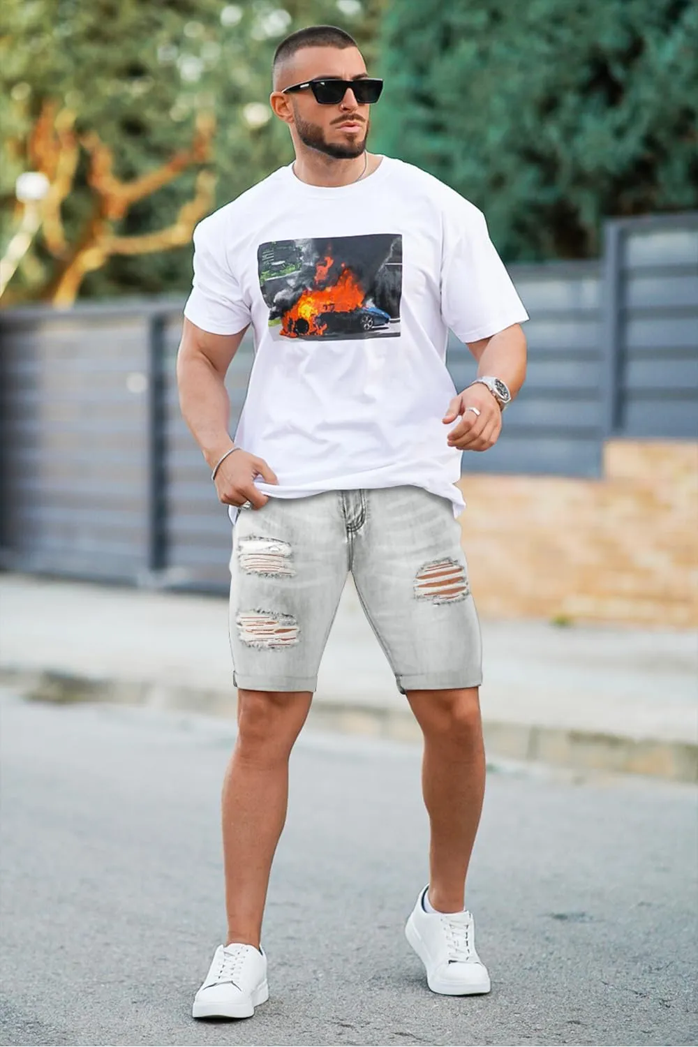 GINGTTO Mens Denim Shorts Ripped Skinny Stretch Jean Shorts Men