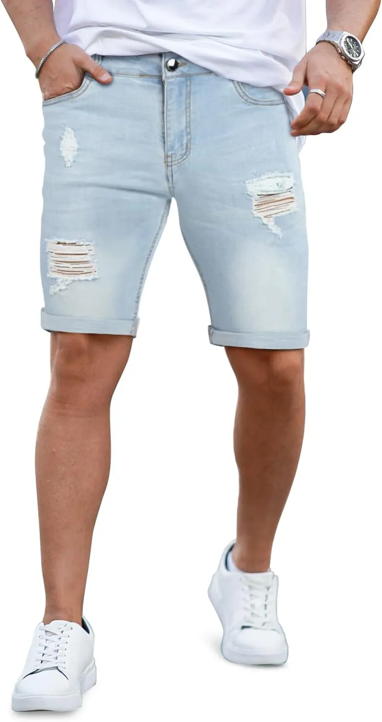 GINGTTO Mens Denim Shorts Ripped Skinny Stretch Jean Shorts Men