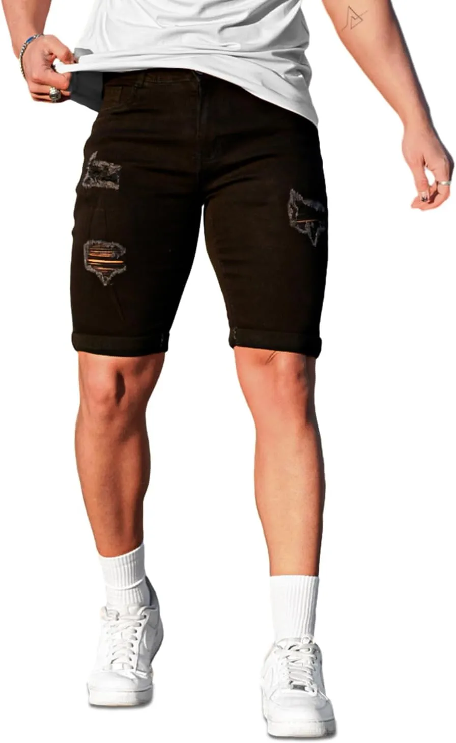 GINGTTO Mens Denim Shorts Ripped Skinny Stretch Jean Shorts Men