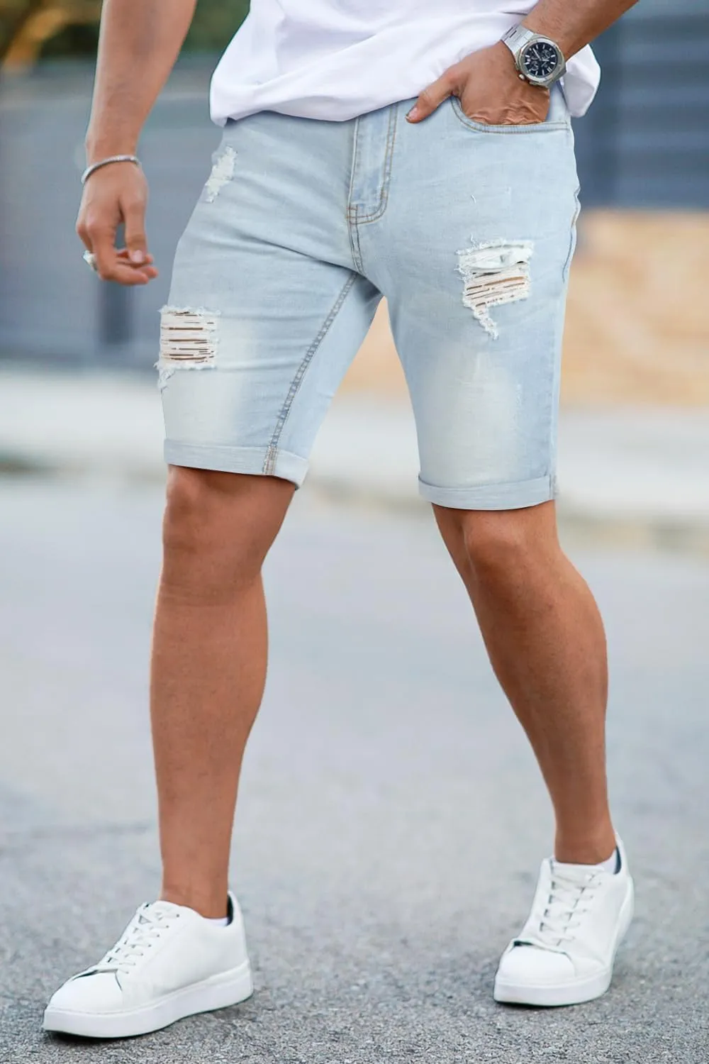 GINGTTO Mens Denim Shorts Ripped Skinny Stretch Jean Shorts Men