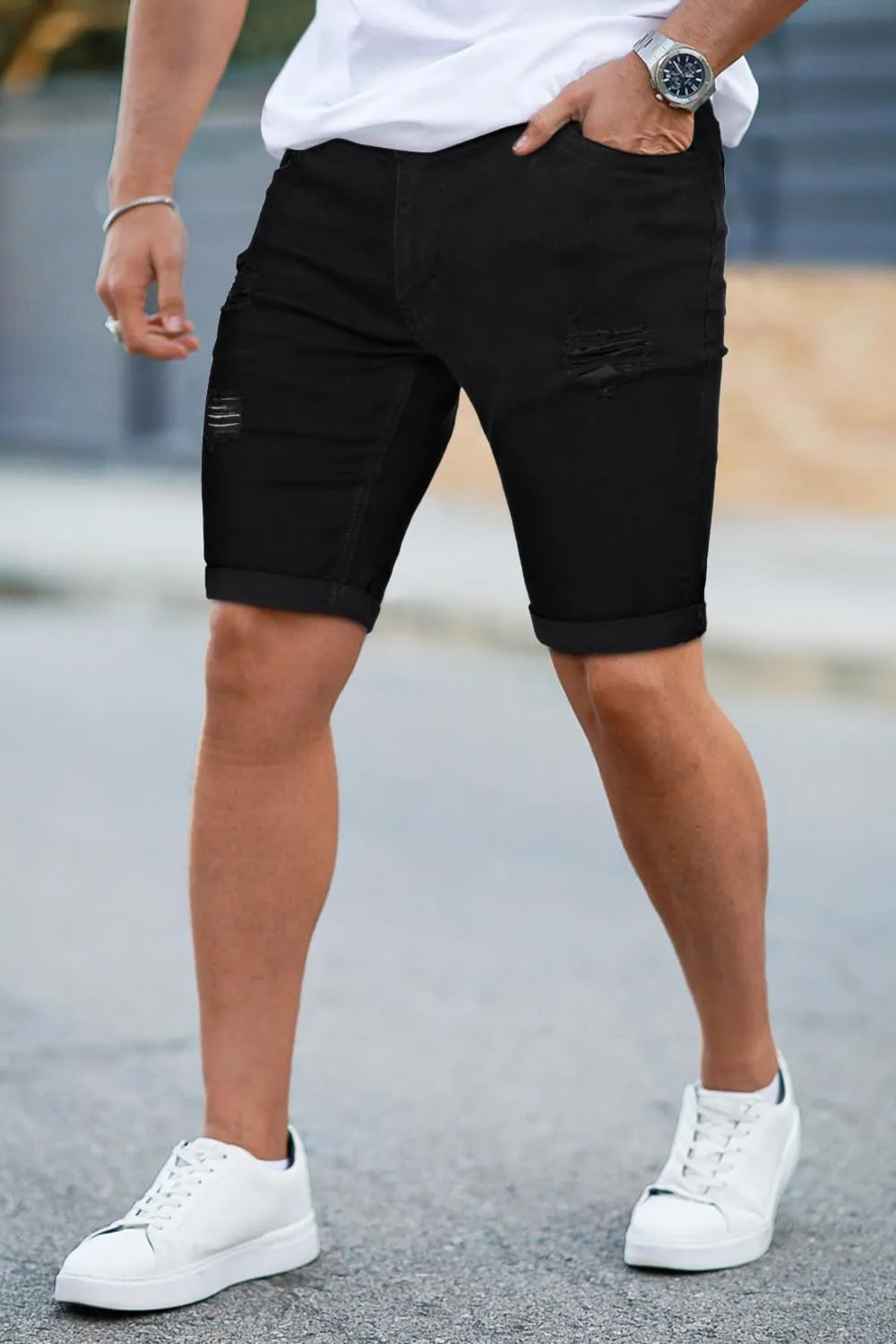 GINGTTO Mens Denim Shorts Ripped Skinny Stretch Jean Shorts Men