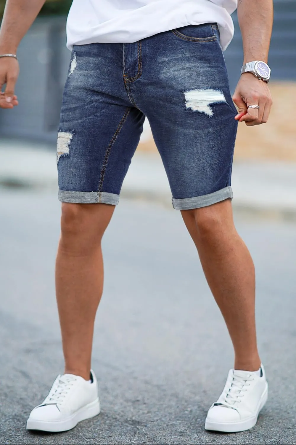 GINGTTO Mens Denim Shorts Ripped Skinny Stretch Jean Shorts Men