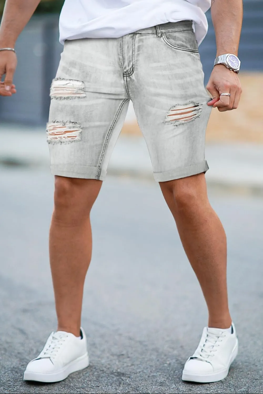 GINGTTO Mens Denim Shorts Ripped Skinny Stretch Jean Shorts Men