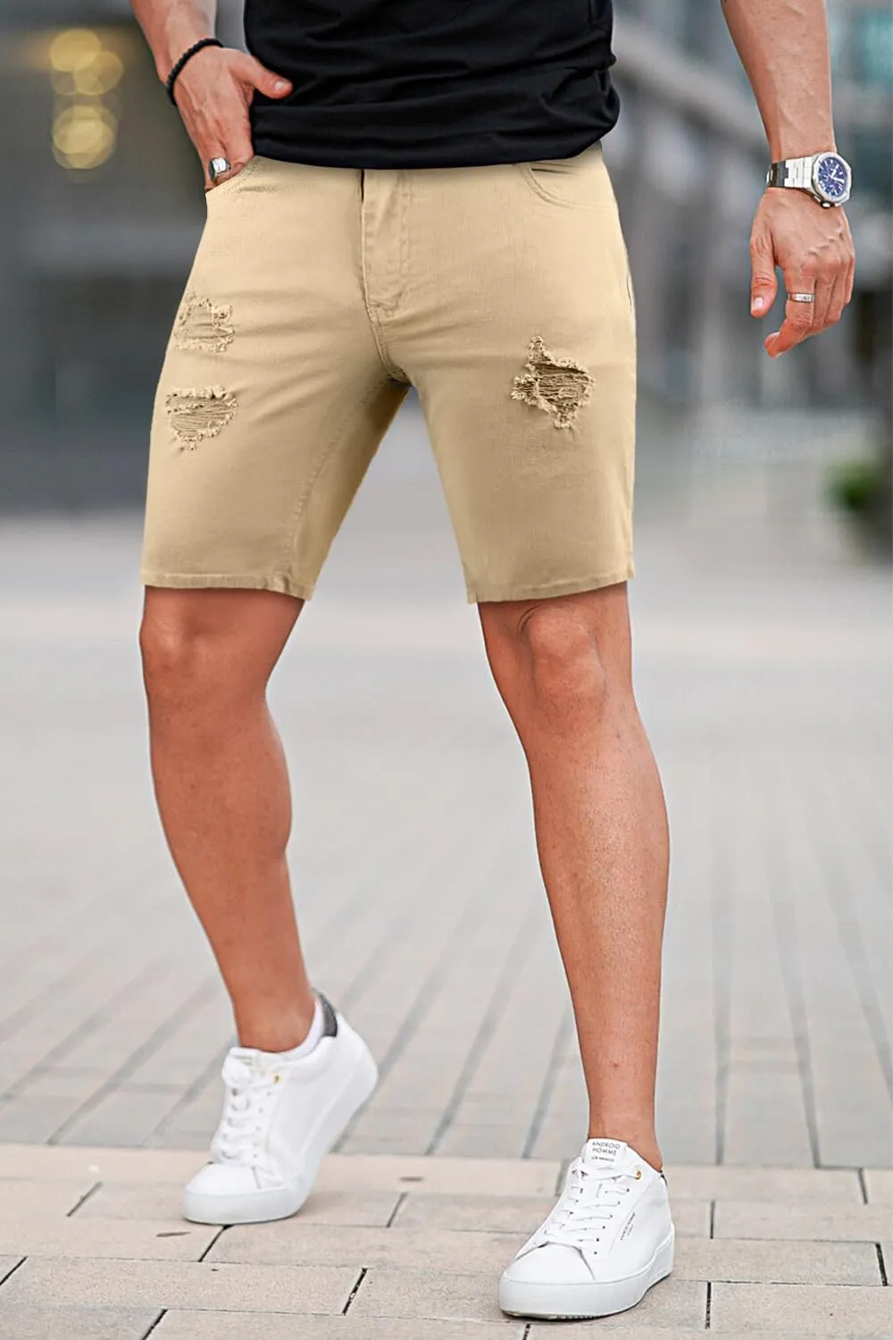 GINGTTO Mens Denim Shorts Ripped Skinny Stretch Jean Shorts Men