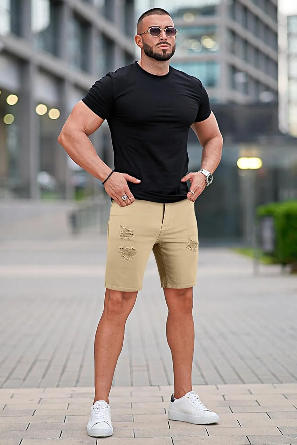 GINGTTO Mens Denim Shorts Ripped Skinny Stretch Jean Shorts Men