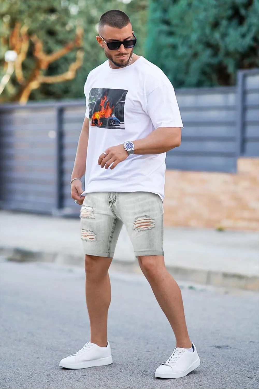 GINGTTO Mens Denim Shorts Ripped Skinny Stretch Jean Shorts Men