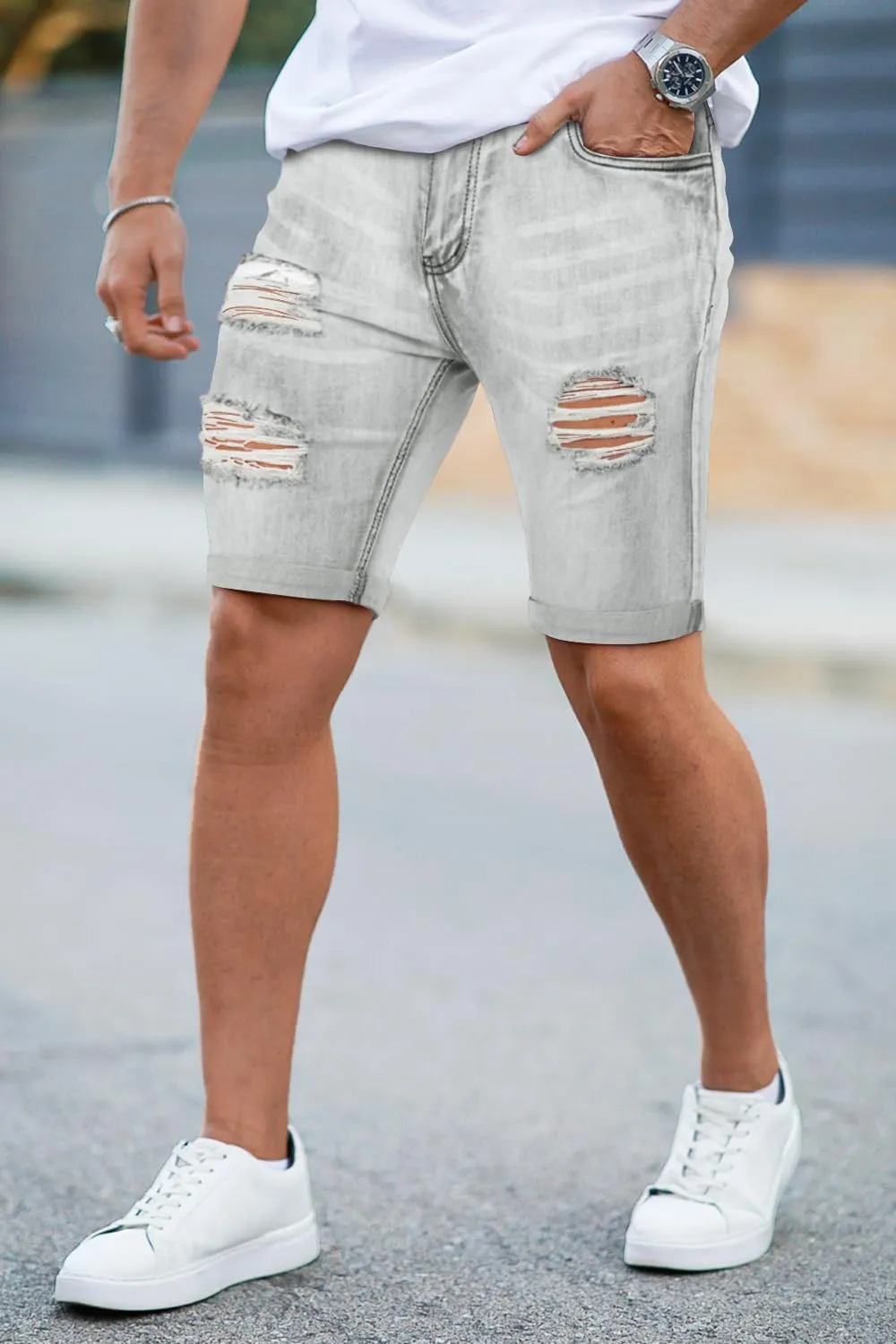 GINGTTO Mens Denim Shorts Ripped Skinny Stretch Jean Shorts Men