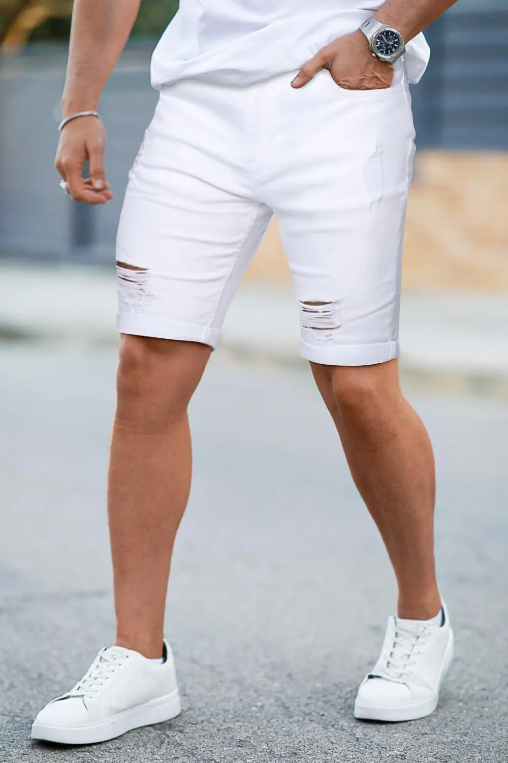 GINGTTO Mens Denim Shorts Ripped Skinny Stretch Jean Shorts Men