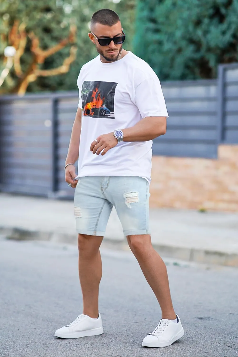 GINGTTO Mens Denim Shorts Ripped Skinny Stretch Jean Shorts Men
