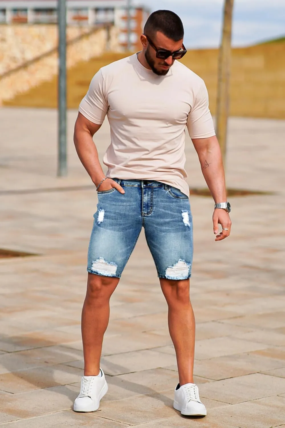 GINGTTO Men's Jean Shorts Ripped Slim Fit Stretch Denim Shorts