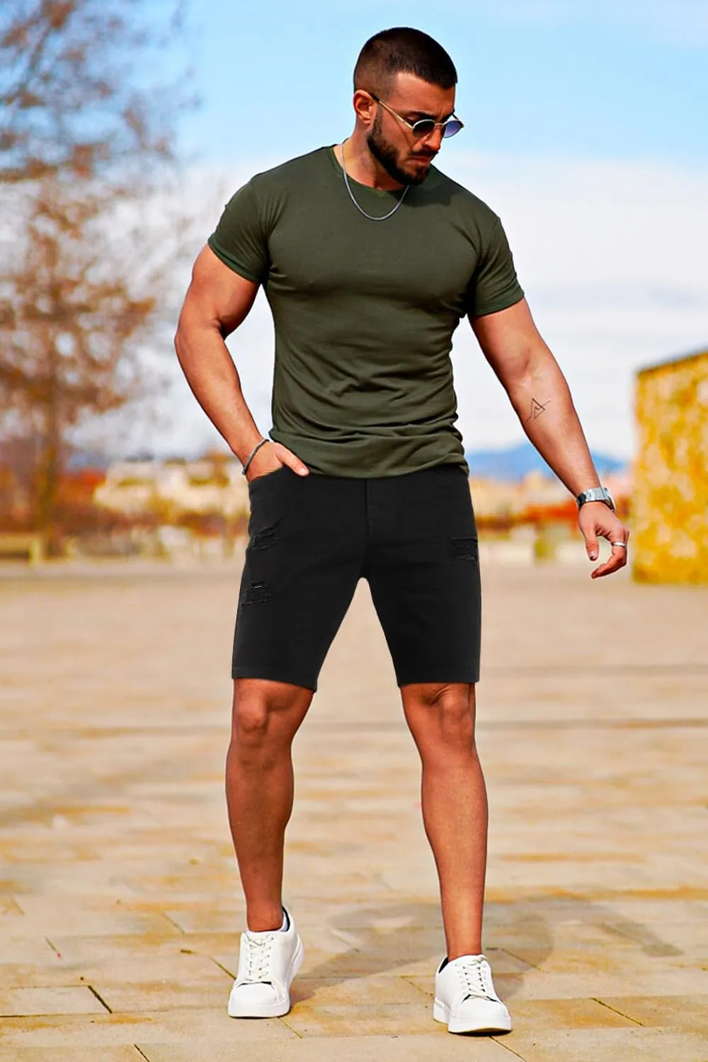 GINGTTO Men's Jean Shorts Ripped Slim Fit Stretch Denim Shorts