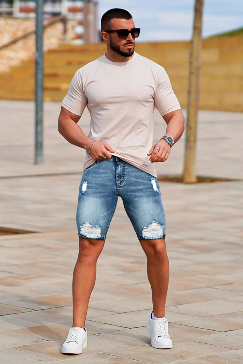 GINGTTO Men's Jean Shorts Ripped Slim Fit Stretch Denim Shorts